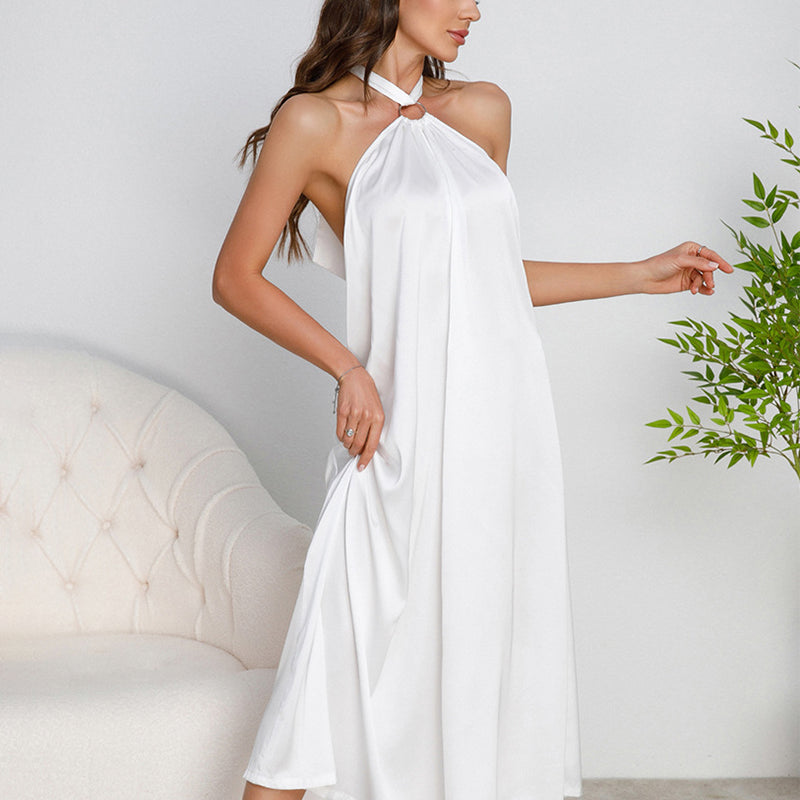 White satin halter slip nightgown with O-ring neckline and open back, mid-calf