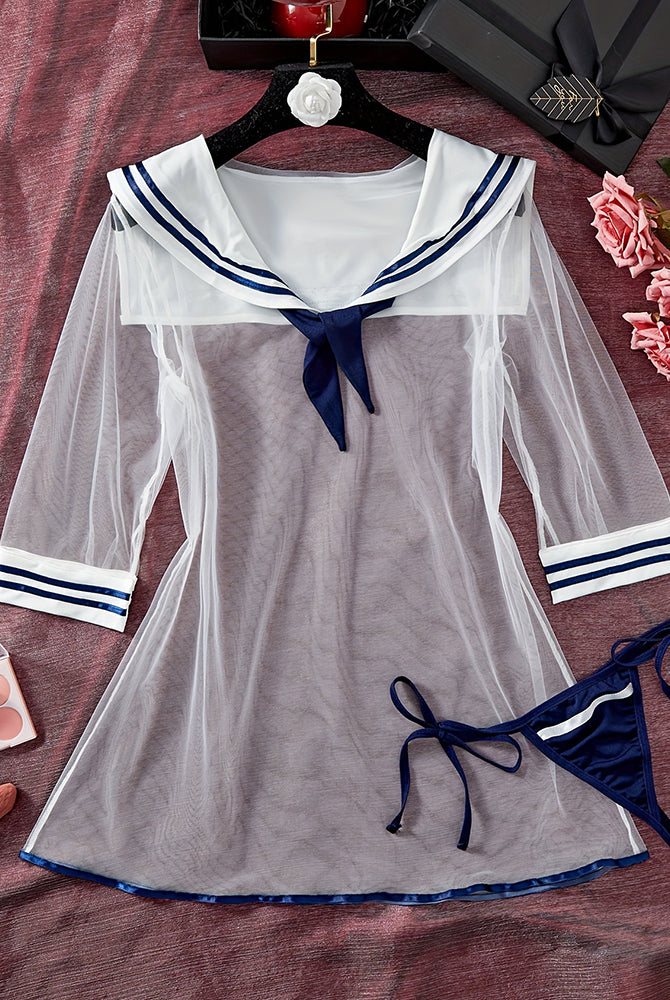 Sheer sailor mesh dress with navy trim and matching thong, bow tie, flared skirt