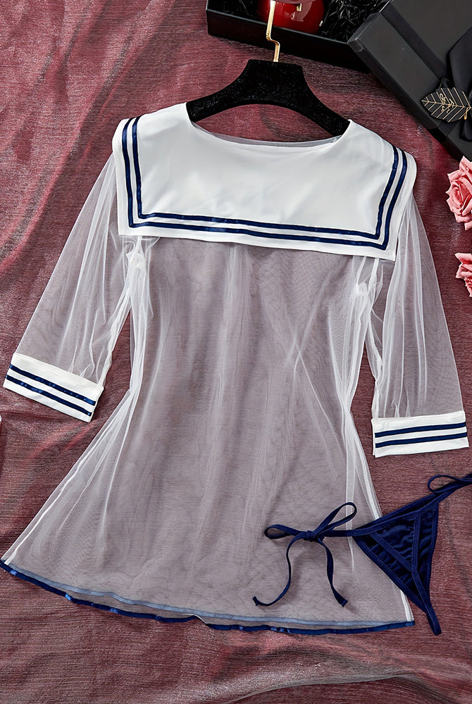 Sheer sailor mesh dress with navy-trimmed neckline and striped cuffs, flared skirt