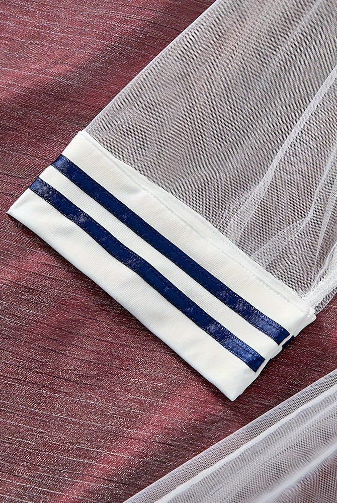 Sheer mesh sleeve with white cuff and navy stripe banding
