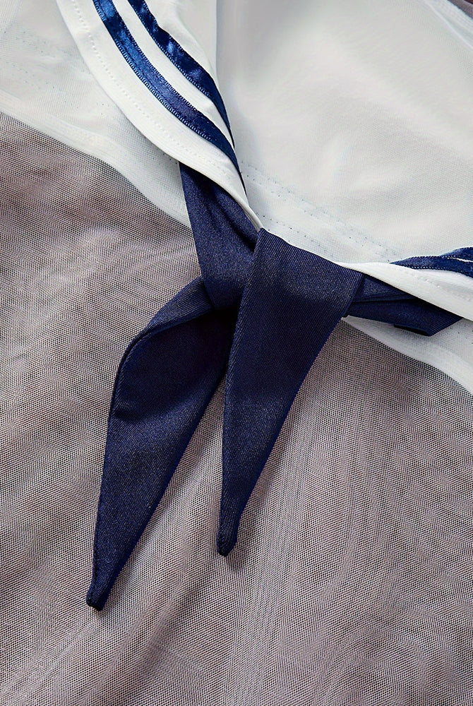 Sheer sailor mesh bodice with navy tie bow and striped trim