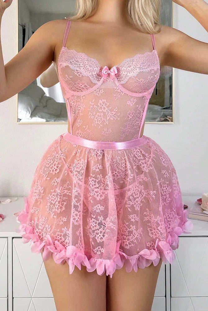 Pink floral lace babydoll lingerie with thin straps and petal ruffle hem