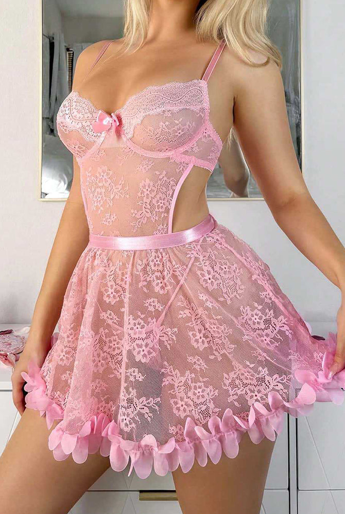 Pink floral lace babydoll lingerie with petal ruffle hem and open back cutout