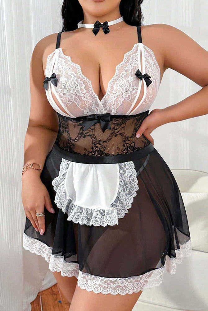 Black lace maid babydoll with white lace apron panel, bow choker and layered skirt