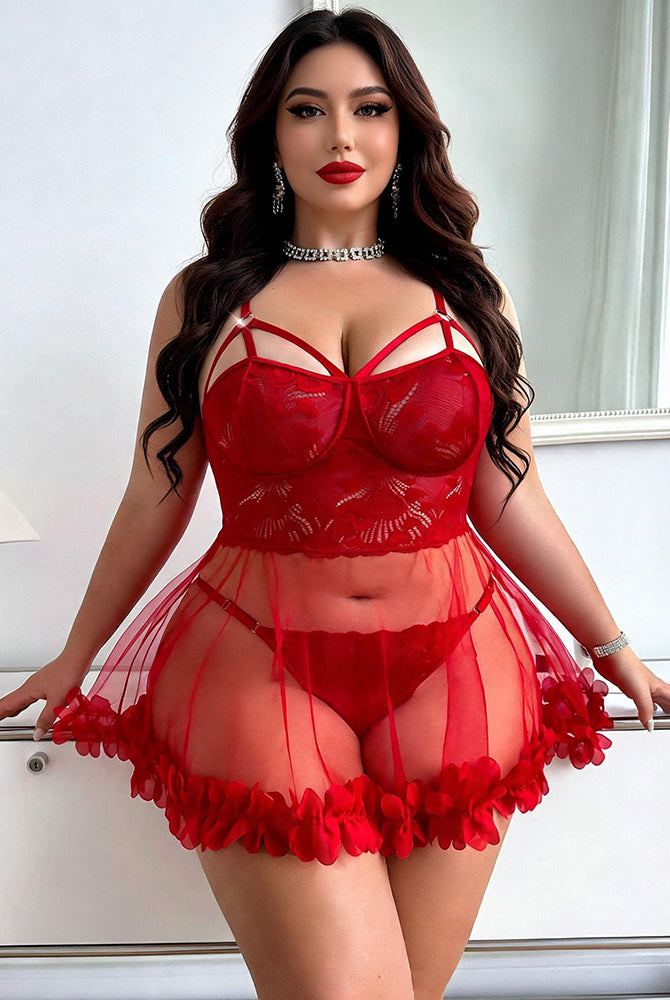Red lace babydoll lingerie set with mesh skirt and ruffled hem, adjustable spaghetti straps