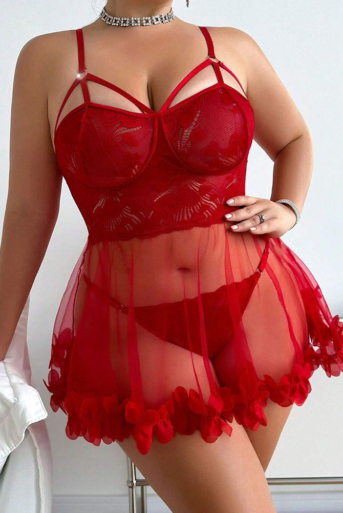 Red lace babydoll lingerie set with sheer mesh skirt and ruffled hem, front view