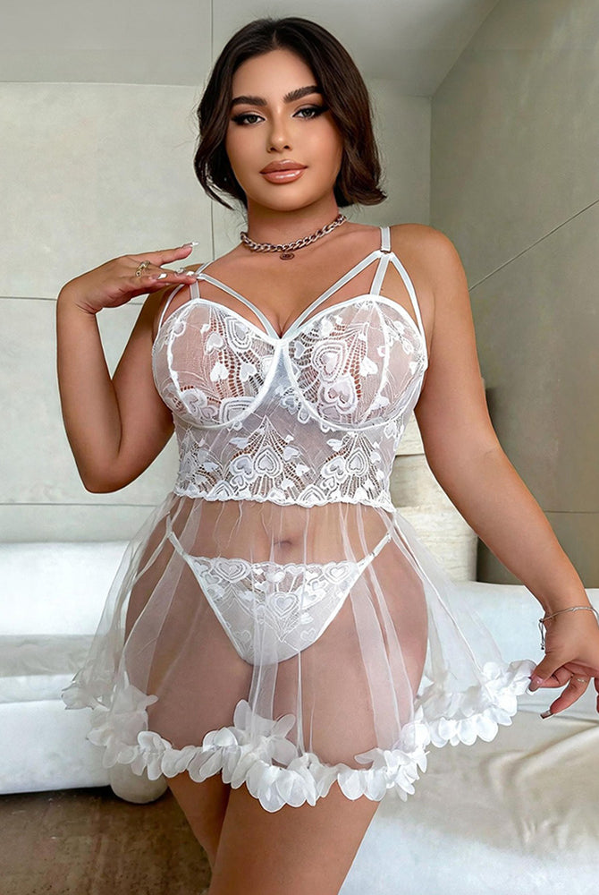 White lace babydoll lingerie set with mesh skirt and layered ruffle trim, adjustable straps