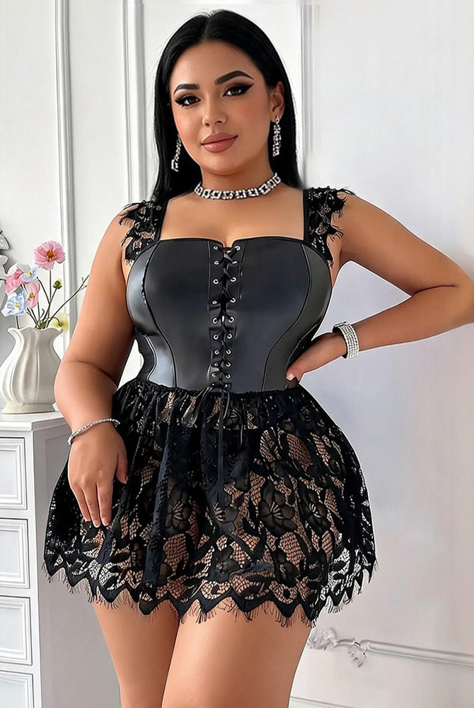 Black faux leather corset with lace skirt mini dress, plus size