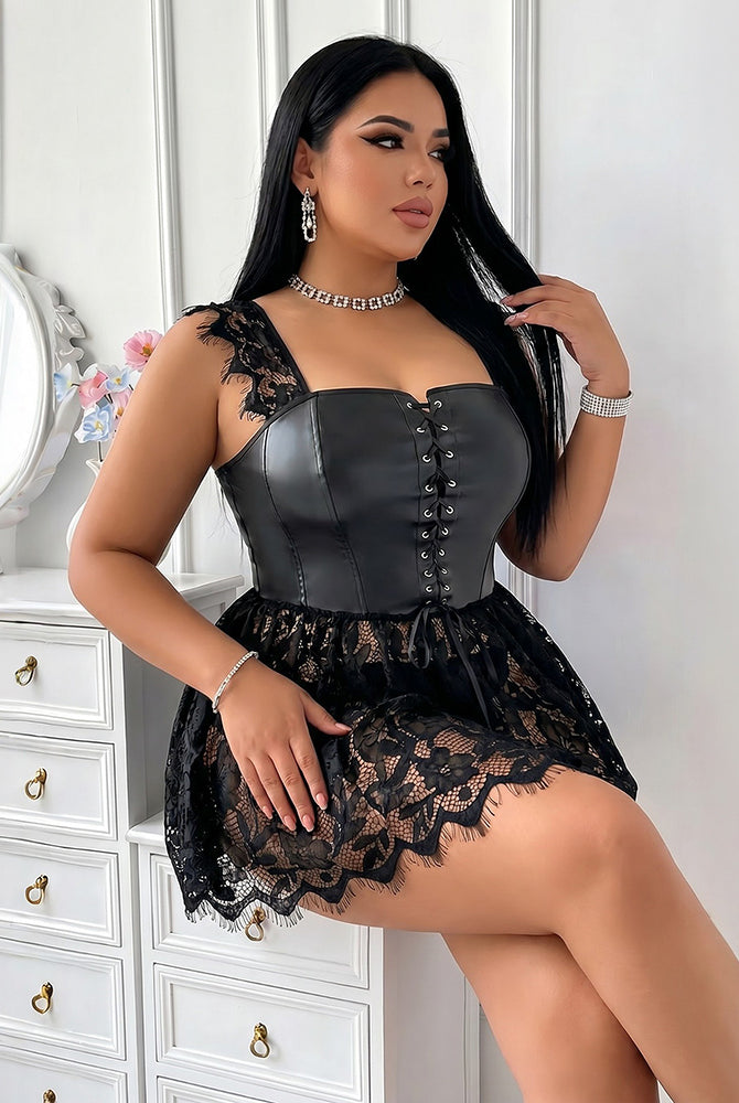 Faux leather corset lingerie with lace skirt, black, front view