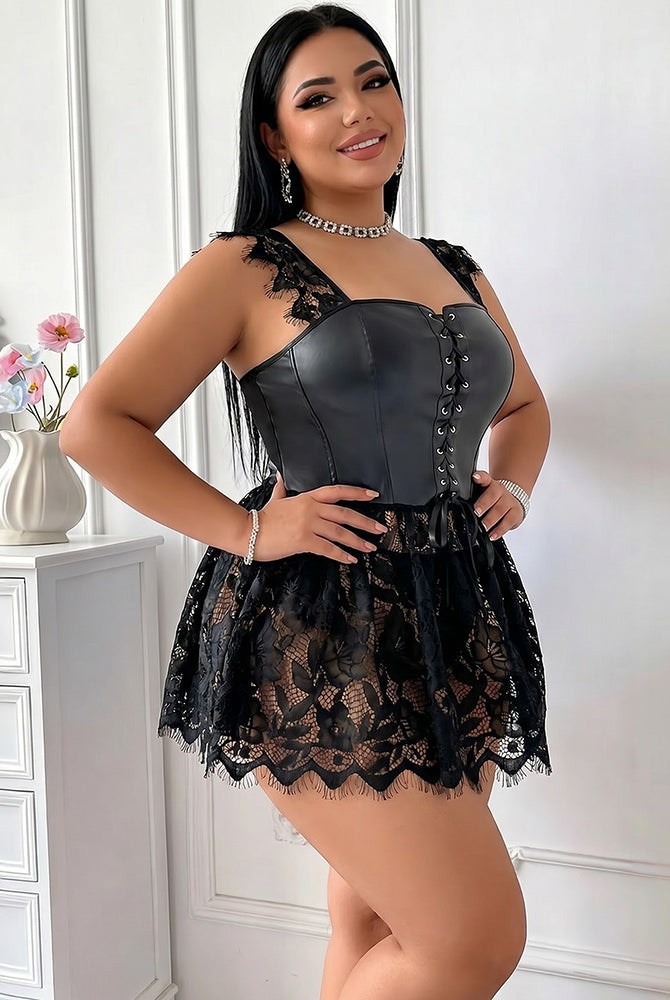 Faux leather corset lingerie with lace skirt, black, 3/4 front view