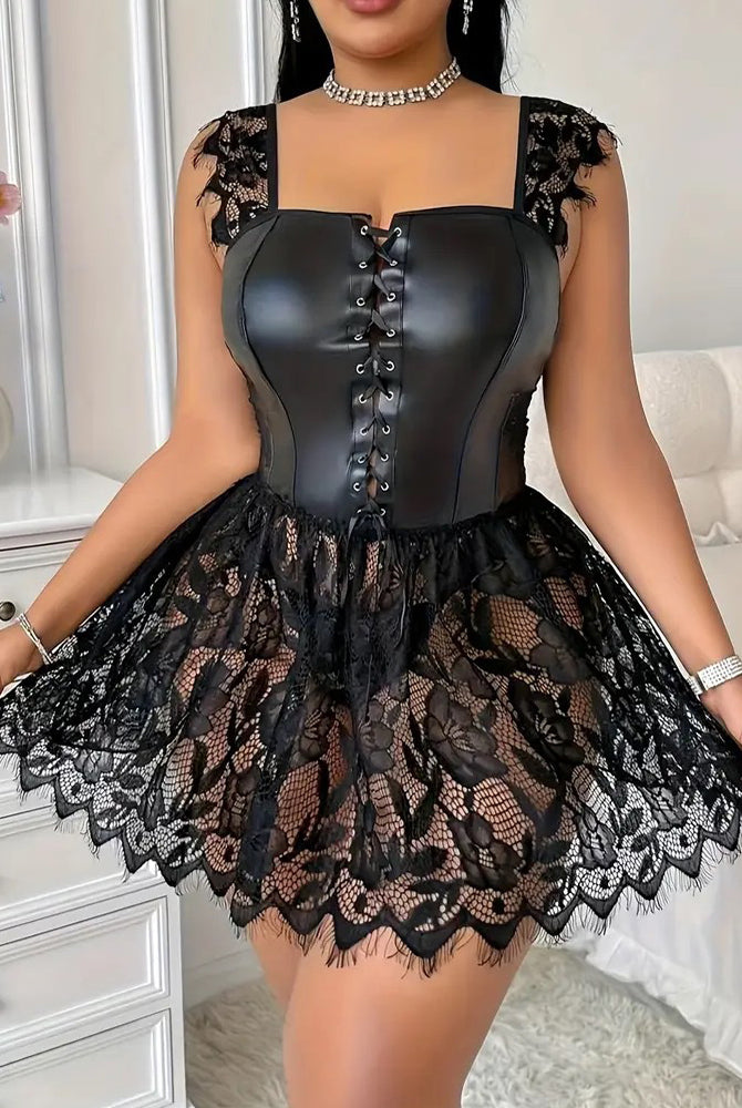 Faux leather corset lingerie with lace skirt, black, straight-on front