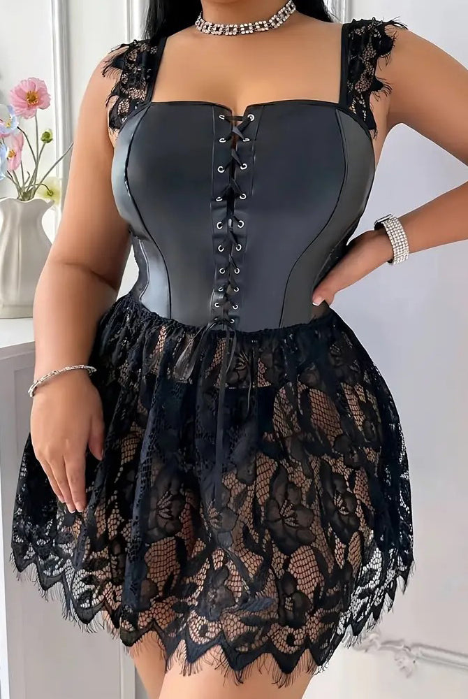 Black corset lingerie with lace skirt, sleeveless faux leather bodice