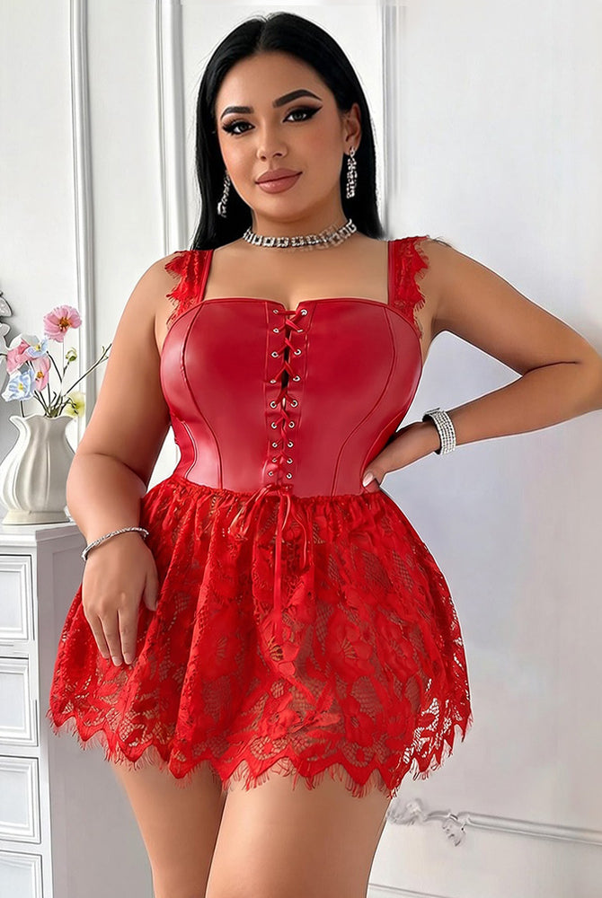 Red faux leather corset top with lace ruffle skirt, plus size