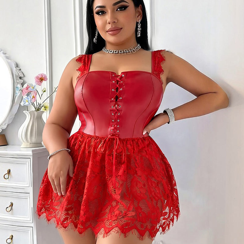 Red faux leather corset top with lace ruffle skirt, plus size