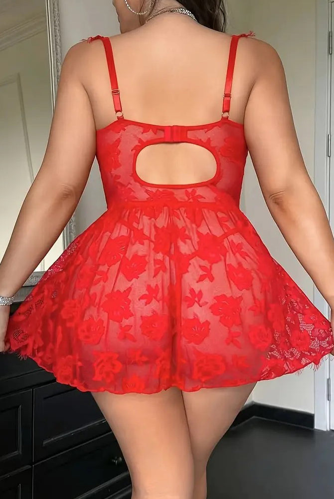 Red faux leather corset lingerie with lace skirt, open back view