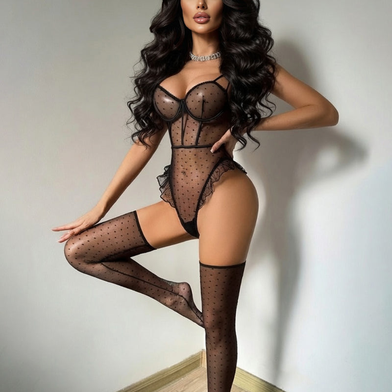 Black sheer polka dot lace-trim mesh bodysuit with thigh-high stockings