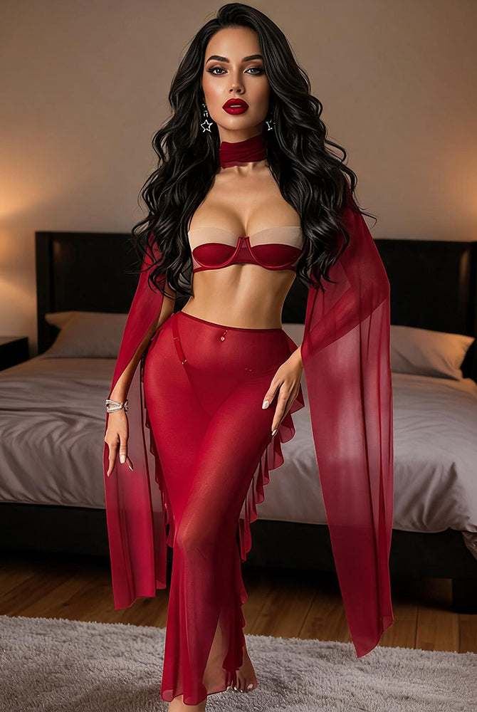 Burgundy sheer bra and maxi skirt set with flowing cape, strappy underlay and long skirt