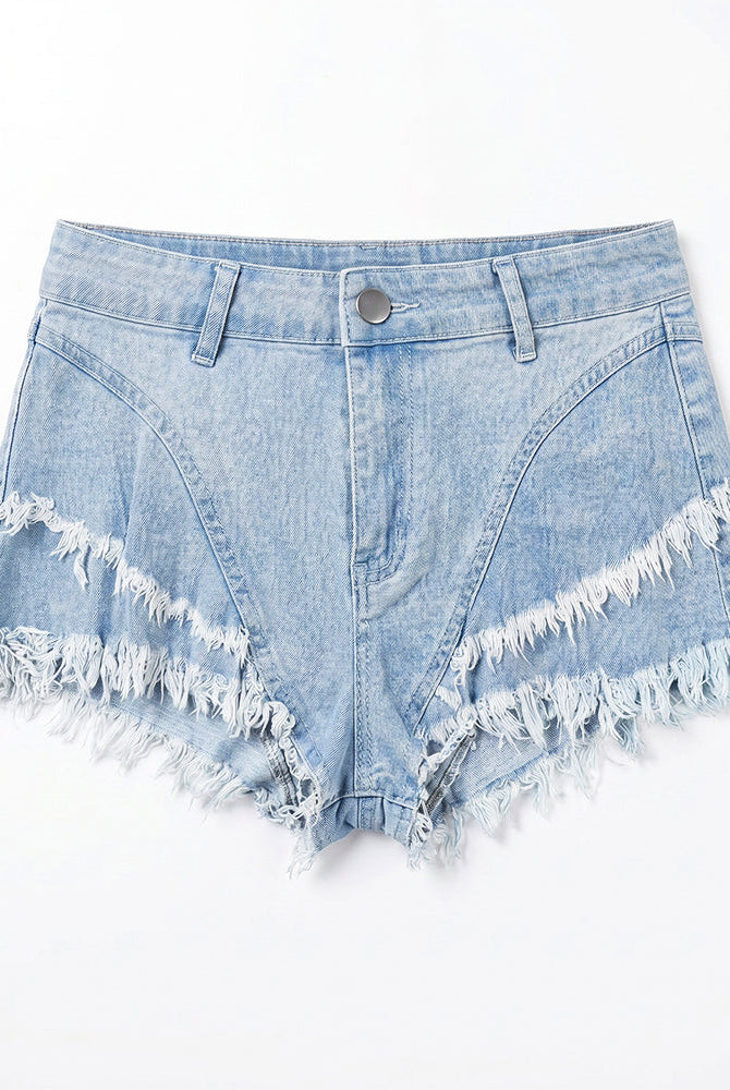 Light blue low-rise denim hot shorts with frayed hem, front button and belt loops