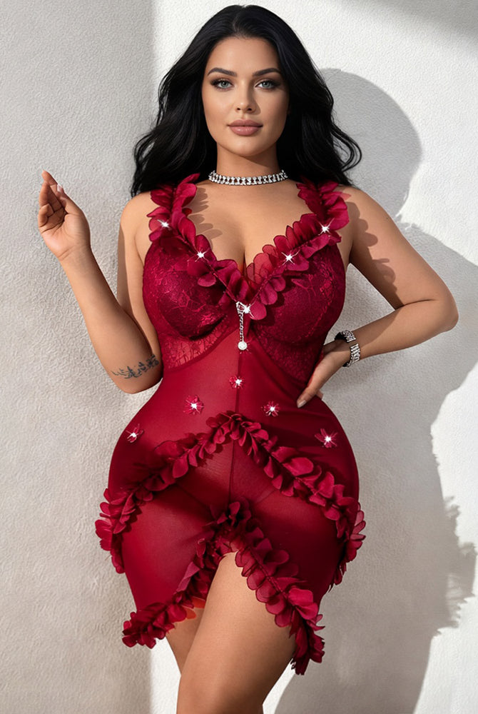 Wine red chemise mini dress with lace-frill neckline and cascading appliqué skirt