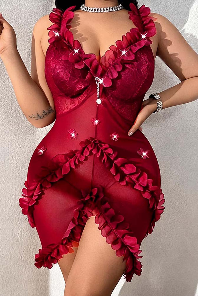 Wine red chemise mini dress with lace-frill bust, jewel clasp detail, and ruffled skirt