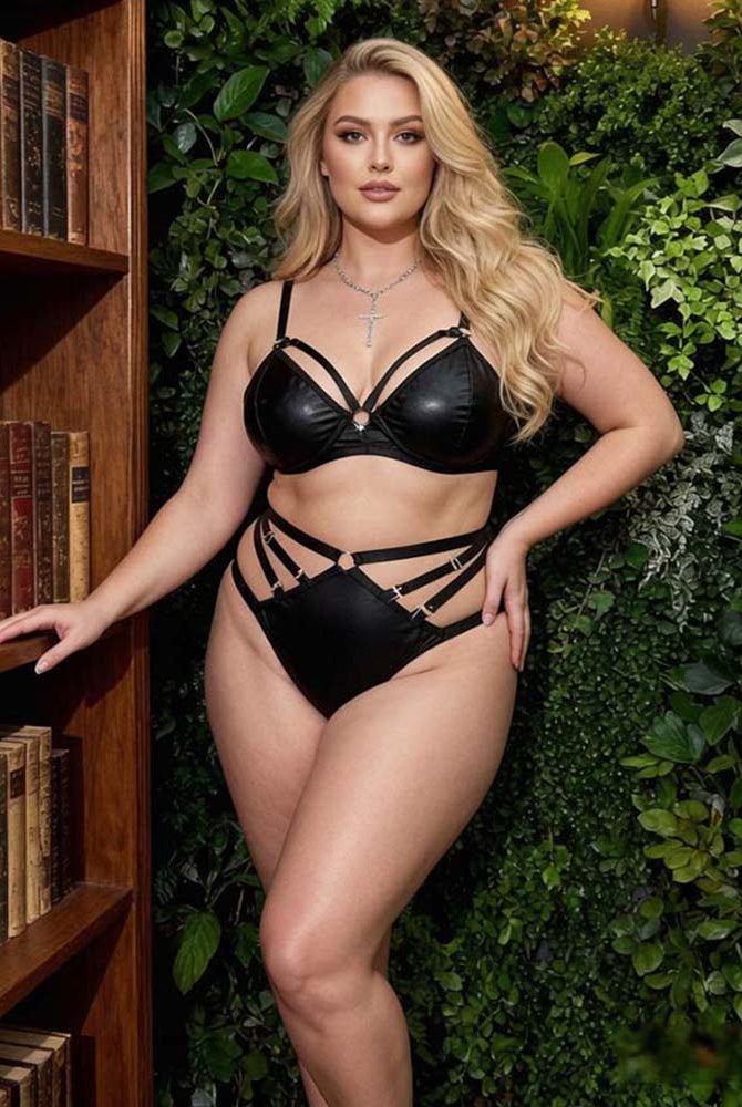 Black underwire bralette and caged high-waist brief set with spaghetti straps