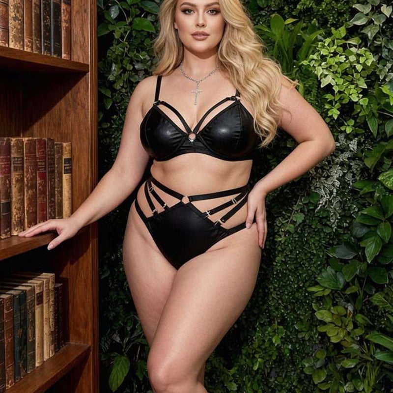 Black underwire bralette and caged high-waist brief set with spaghetti straps