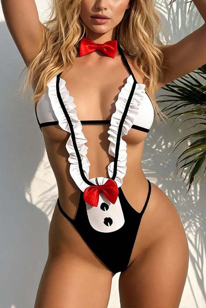 Black and white halter bunny bodysuit with red bow bib and scalloped ruffles