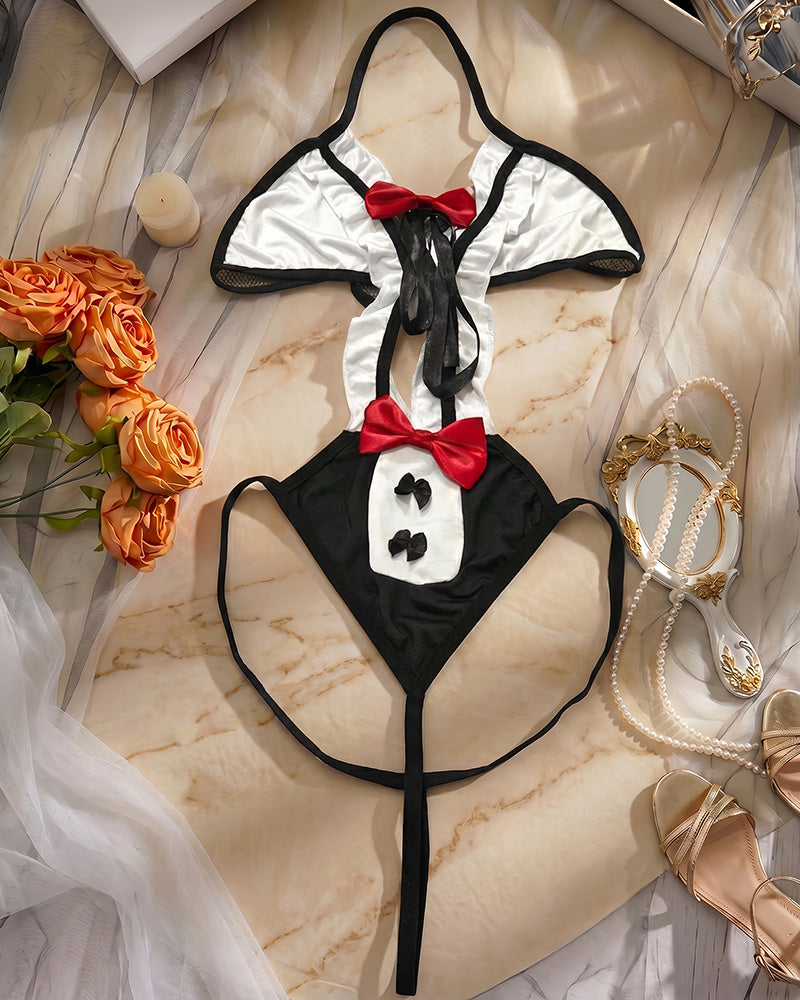 Tuxedo Ruffle Bib Halter Bodysuit Bunny Girl Costume