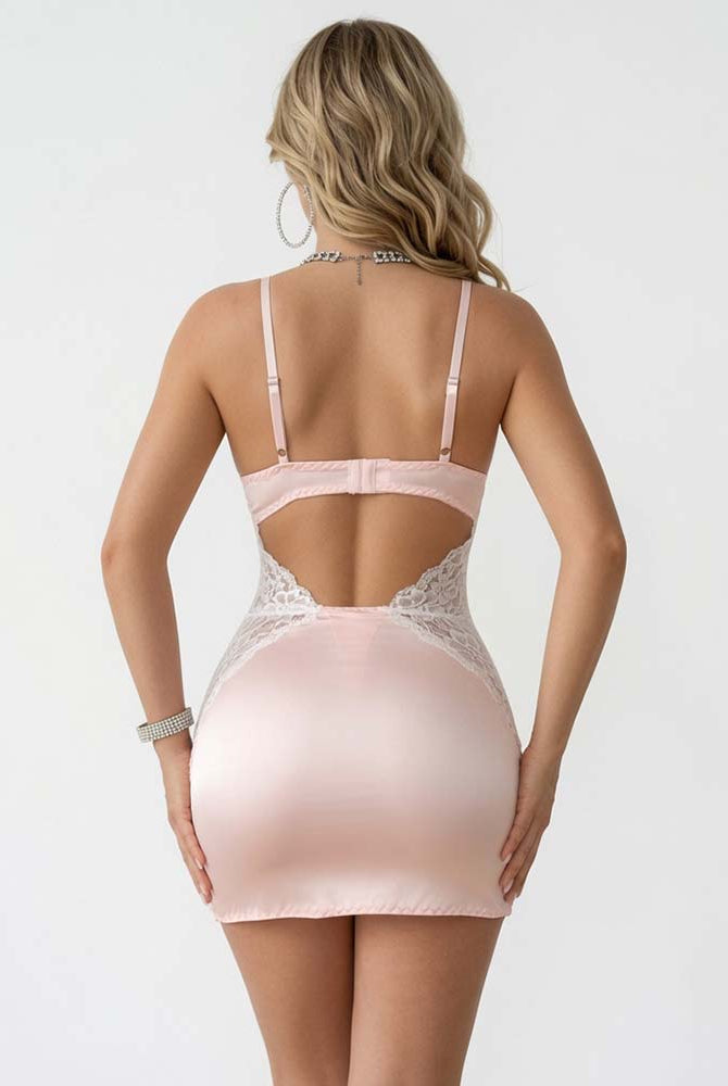 Nude satin mini dress with lace-trim straps, open back, and heart keyhole detail