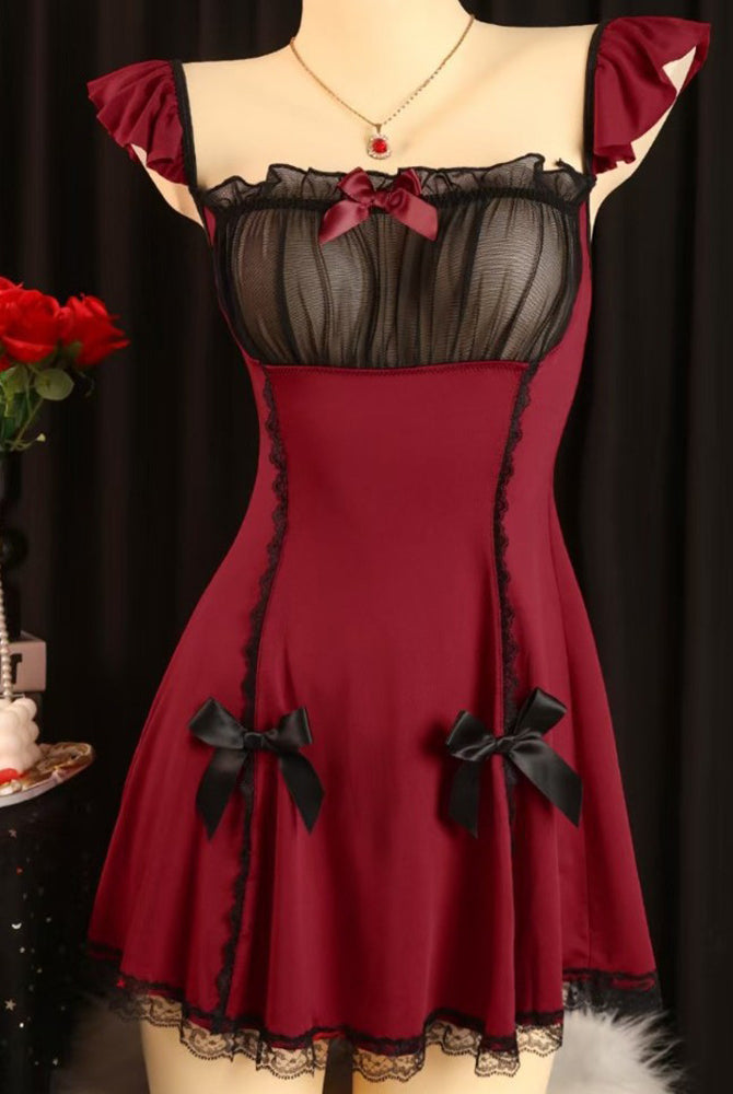 Wine red satin babydoll mini dress with ruffle flutter sleeves and black bows