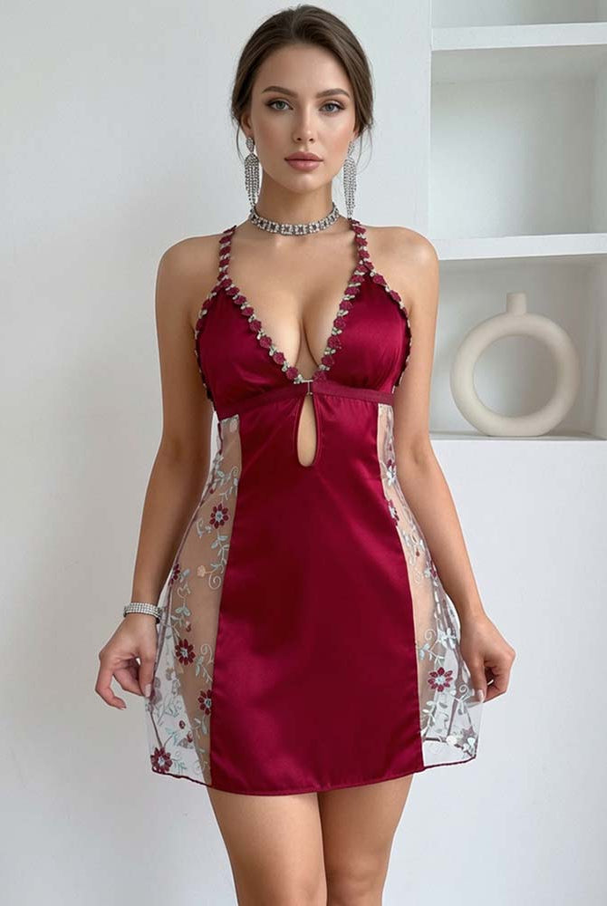 Wine red satin halter mini dress with deep V neckline and floral mesh side panels