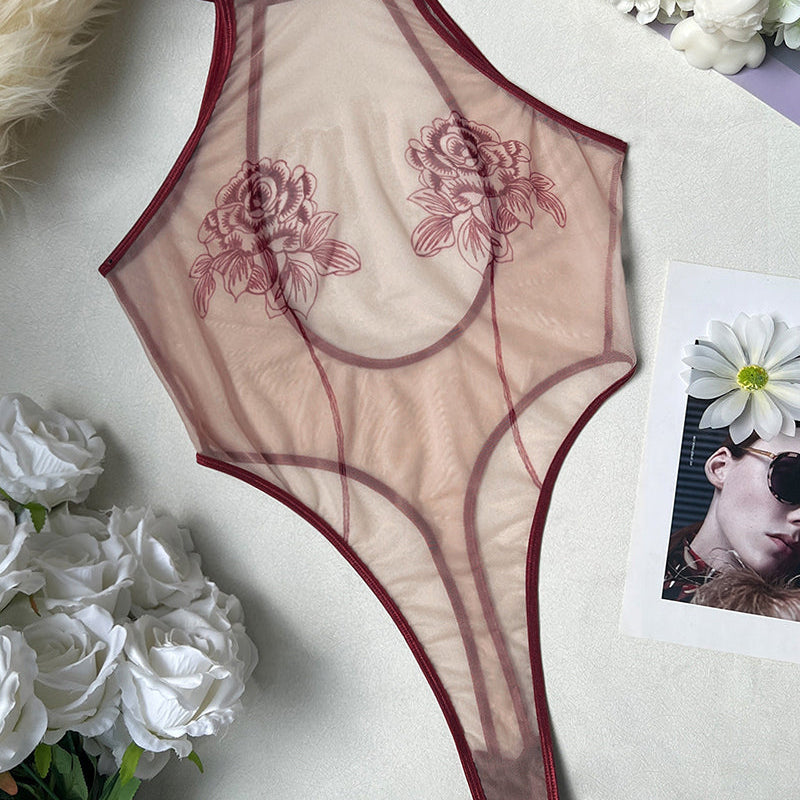 Sheer mesh rose-print bodysuit, blush, maroon trim, sleeveless with open back