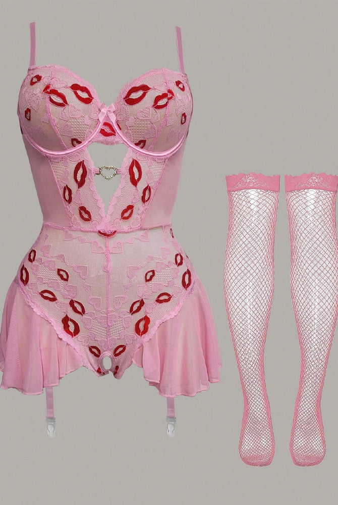 Pink lip-print crotchless bustier set with fishnet thigh-high stockings