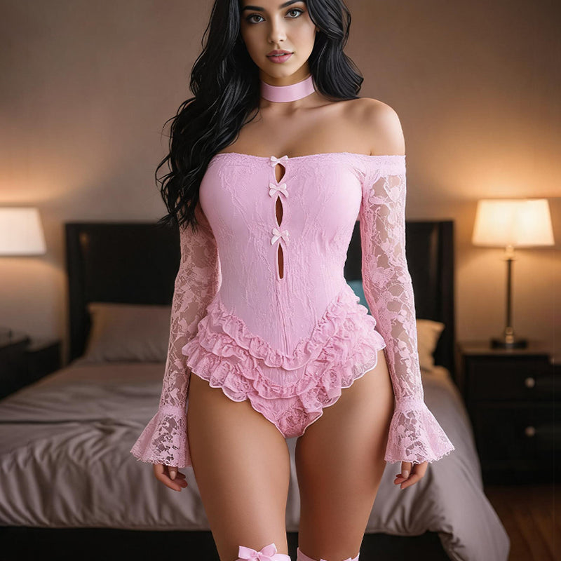 Pink lace off-shoulder bodysuit with ruffle hem and bow stockings