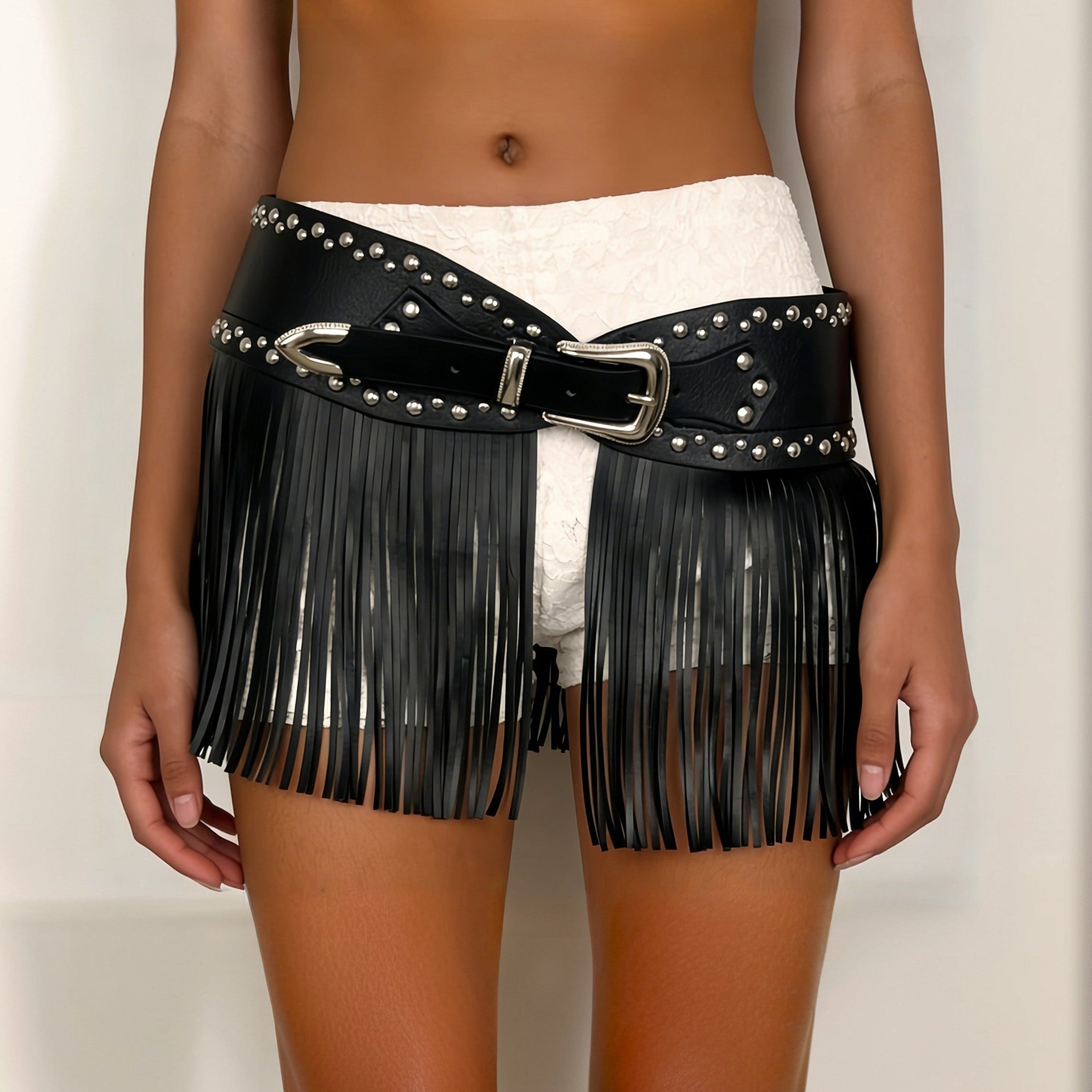 Studded fringe belt skirt with black waist belt and silver studs, black tassel fringe