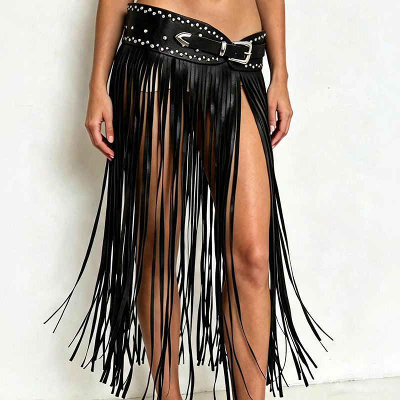 PU Lace-Up Long Fringe Wrap Skirt
