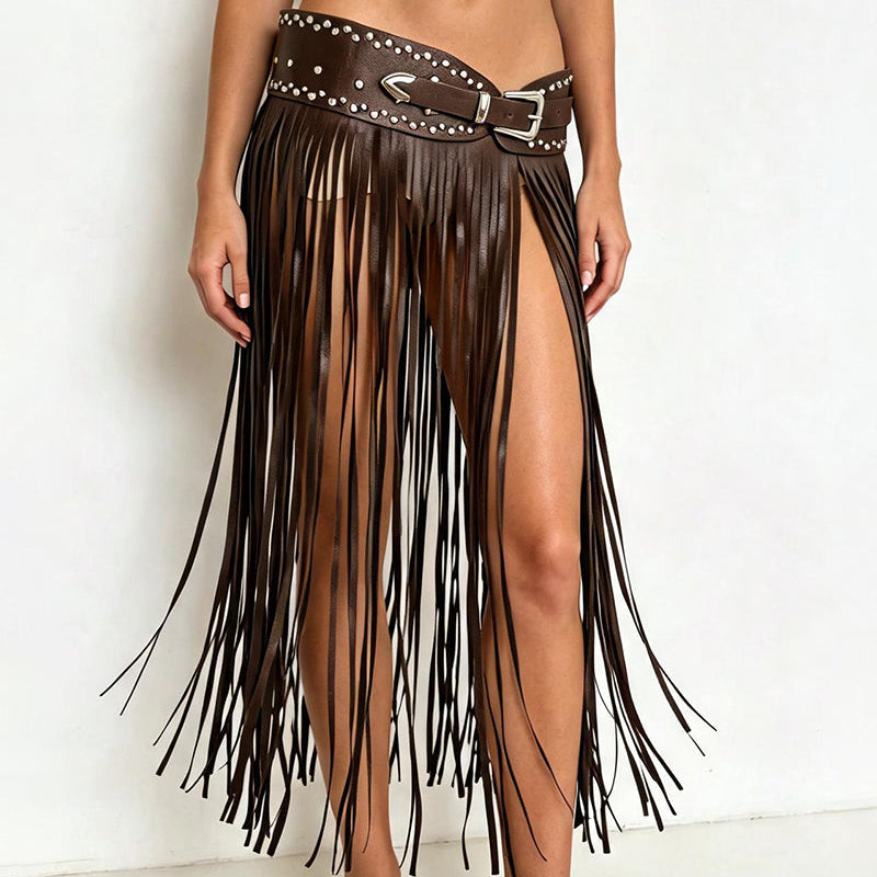 PU Lace-Up Long Fringe Wrap Skirt