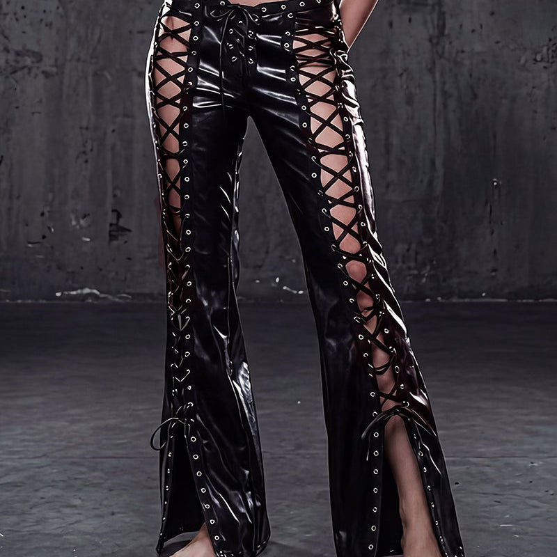 PU Lace-Up Flared Pants
