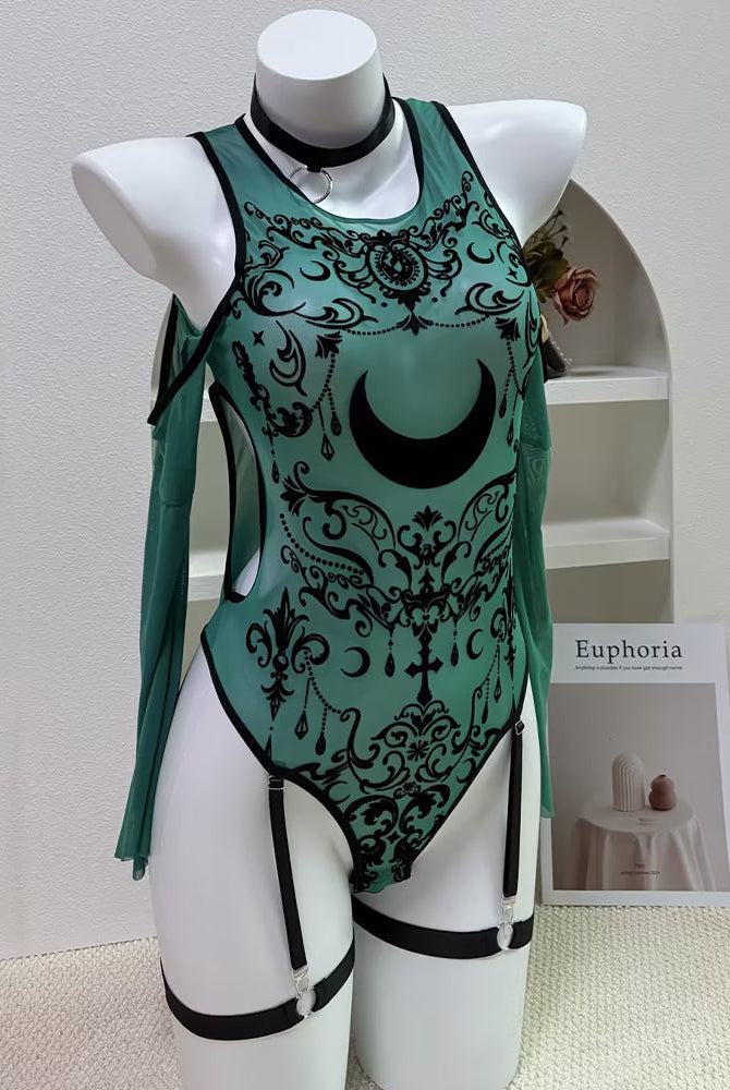 Gothic Moon Print Mesh Bodysuit with Garter Straps - Teal