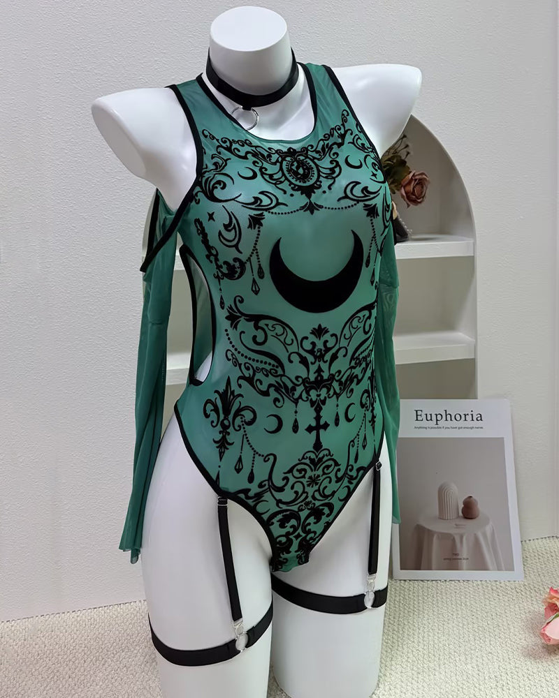 Gothic Moon Print Mesh Bodysuit with Garter Straps - Teal