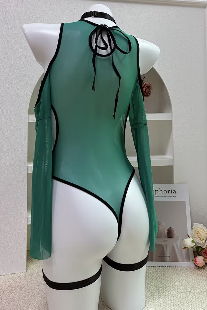 Gothic Moon Print Mesh Bodysuit with Garter Straps - Teal