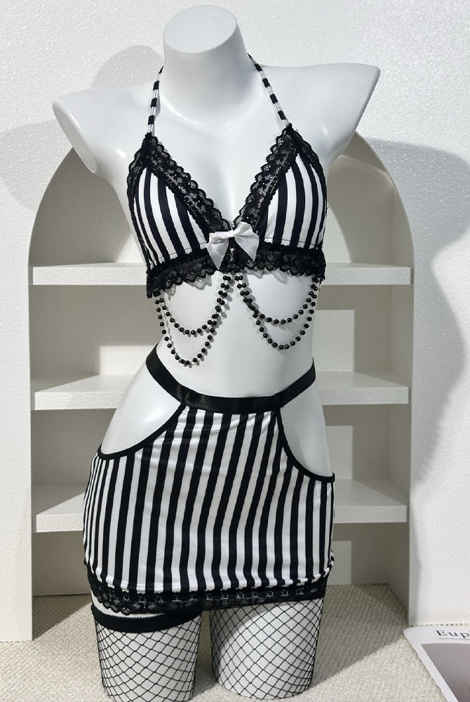 Striped Lace Trim Bra & Skirt Lingerie Set with Chain Detail - Black