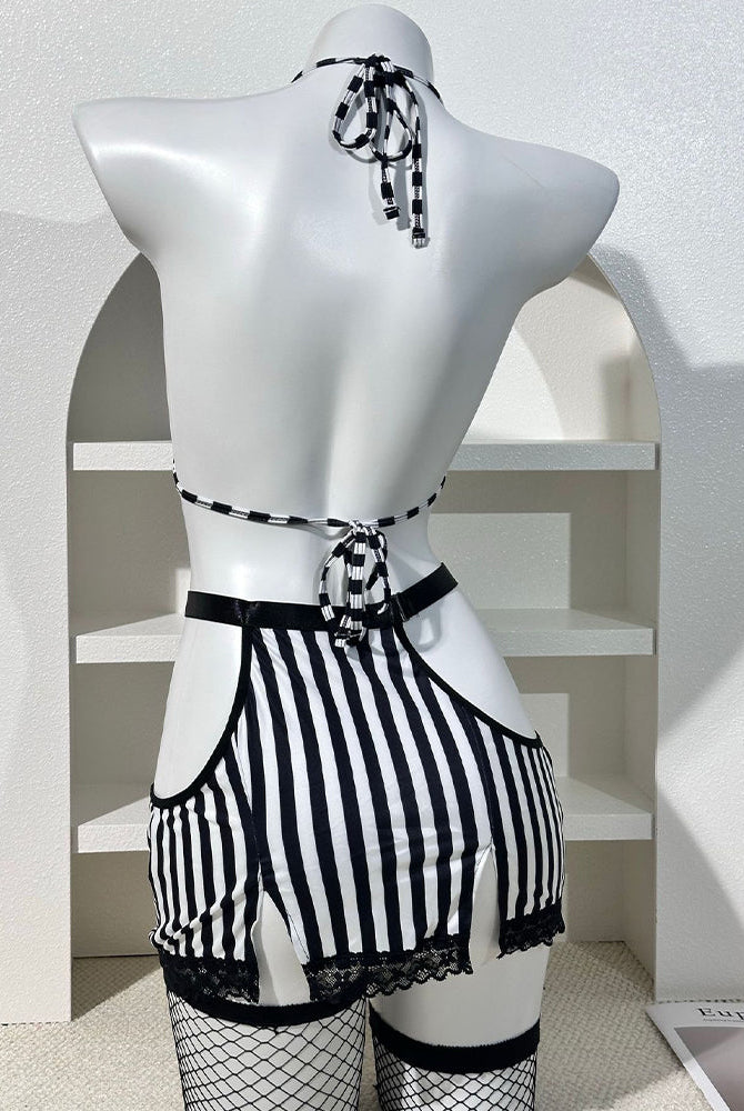 Striped Lace Trim Bra & Skirt Lingerie Set with Chain Detail - Black