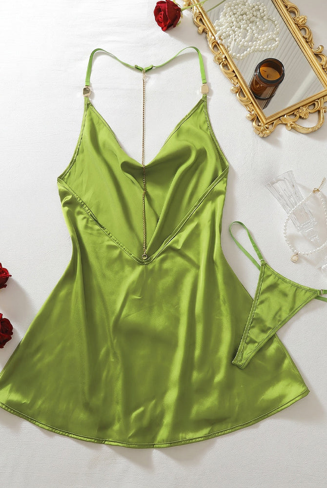 Satin Cowl Neck Slip Nightgown Mini Dress - Green
