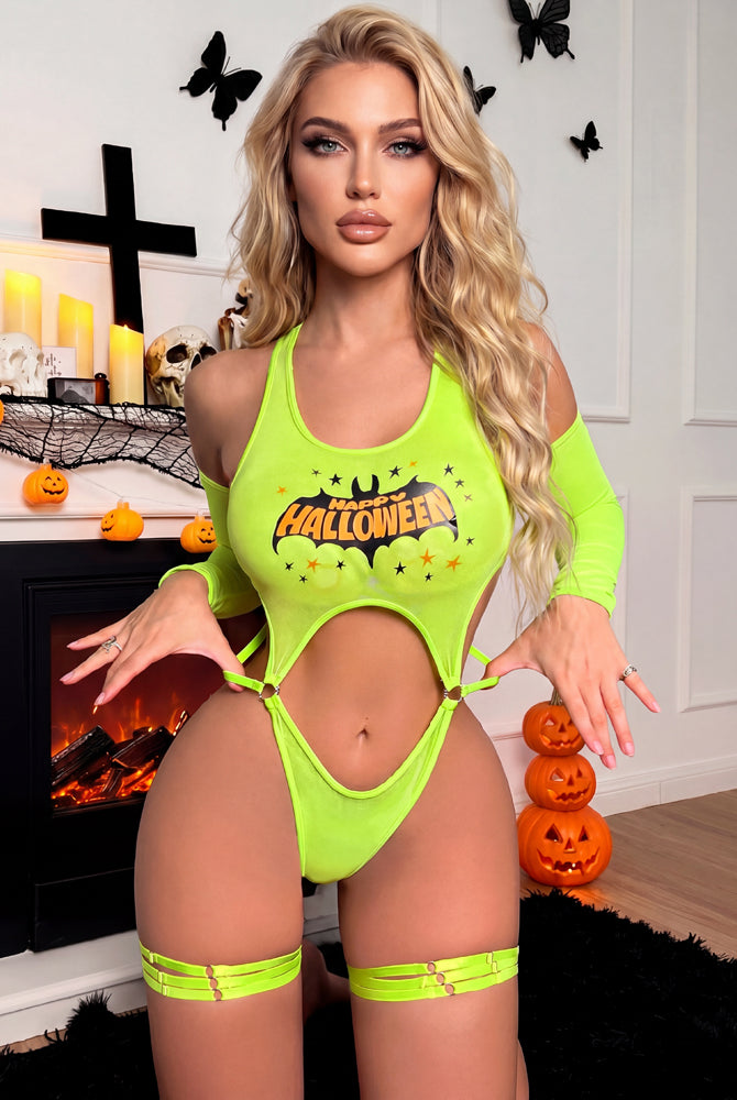 Neon green cut-out bodysuit with leg garters, long sleeves, oval front cutout and straps