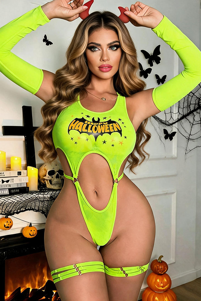 Neon green cut-out bodysuit with leg garters, long sleeves, center chest 'Halloween' graphic