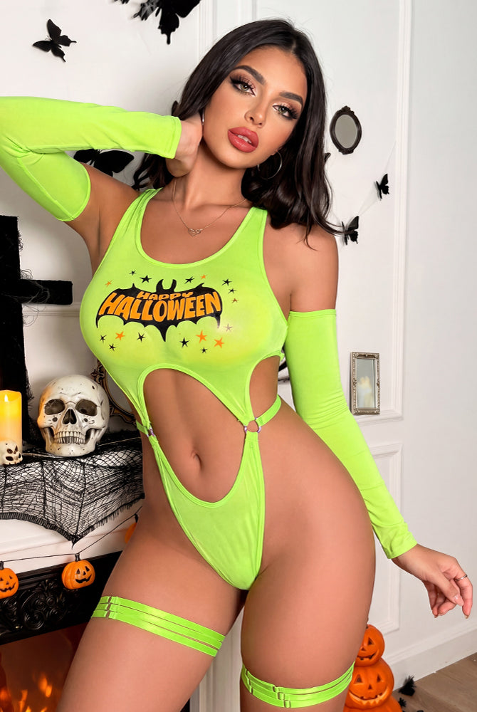 Neon green cut-out bodysuit with leg garters, long sleeves, oval chest and thigh cutouts
