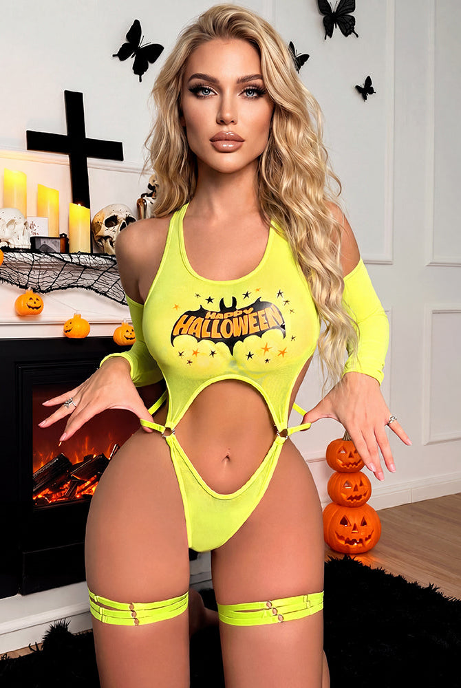 Neon yellow cut-out Halloween bodysuit with leg garters and long sleeve arm pieces