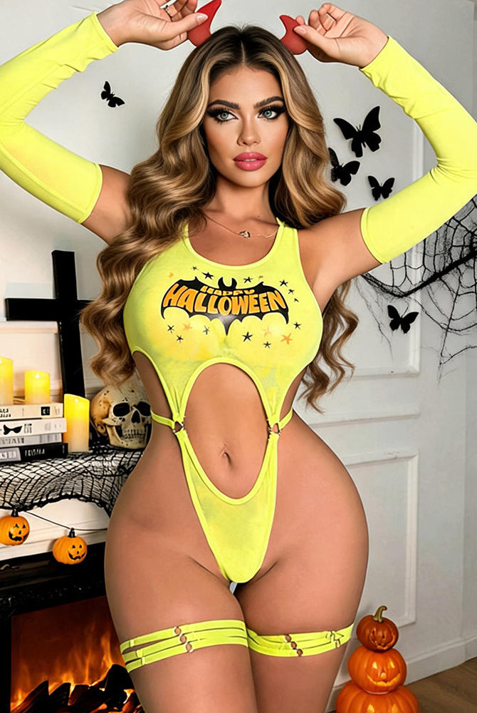 Neon yellow Halloween cut-out bodysuit with leg garter straps, long sleeves