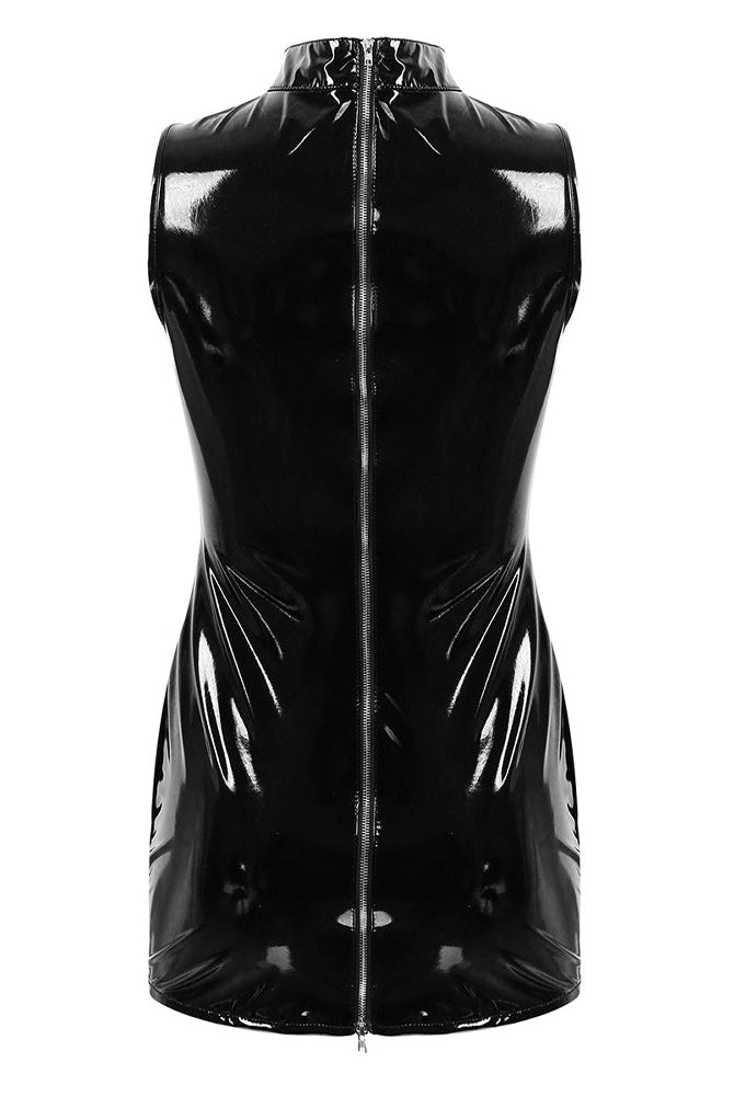 Black faux leather sleeveless mini dress with high turtleneck and center back zipper